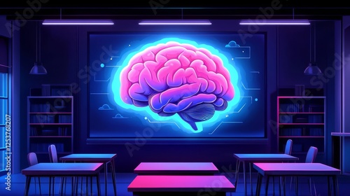 A vibrant digital illustration of a glowing brain in a modern classroom setting. photo