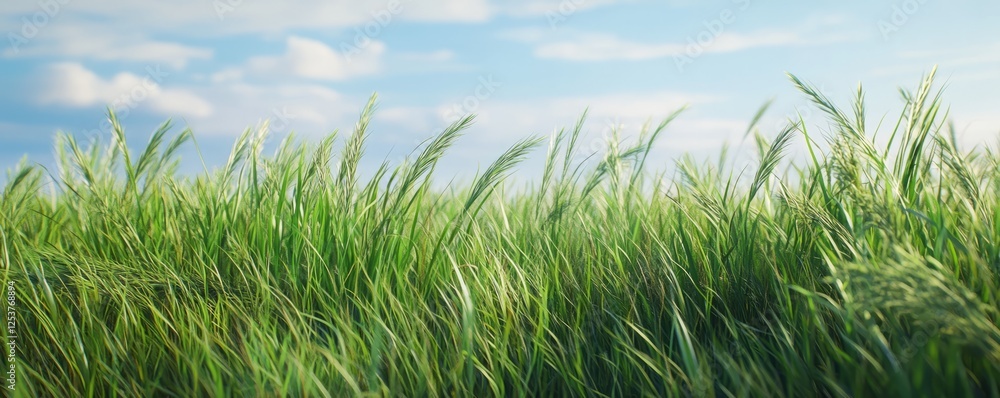 Fototapeta premium Grass field, blue sky, white clouds, background,