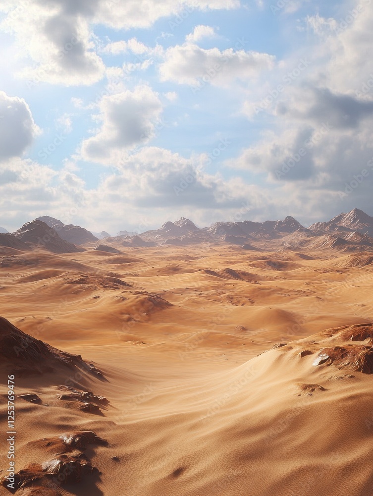 Fototapeta premium A vibrant digital environment creation presents a sprawling desert landscape with undulating dunes and dramatic skies. The attention to detail and lifelike rendering of the virtual terrain make this