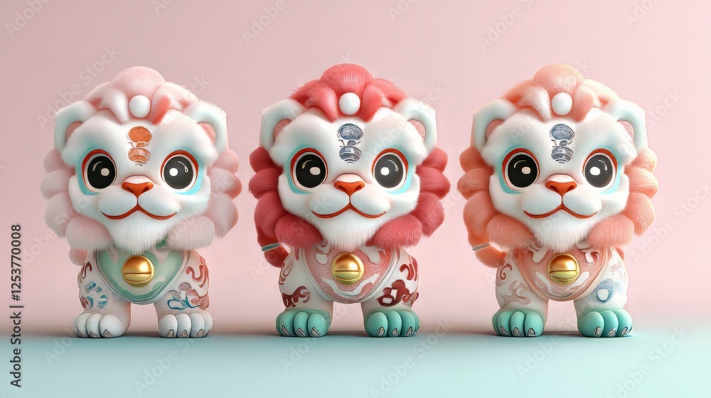 Obraz premium Colorful lion figurines with playful expressions, symbolizing joy and prosperity.