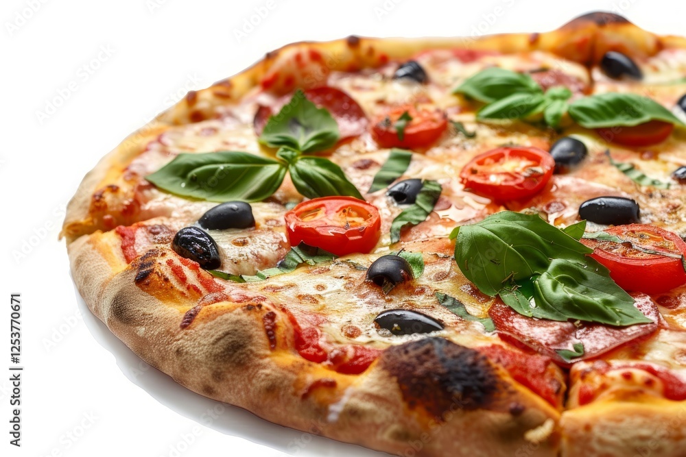Delicious pizza with fresh ingredients on white background. Neural network AI generated Delicious pizza with fresh ingredients on white background. Neural network AI generated