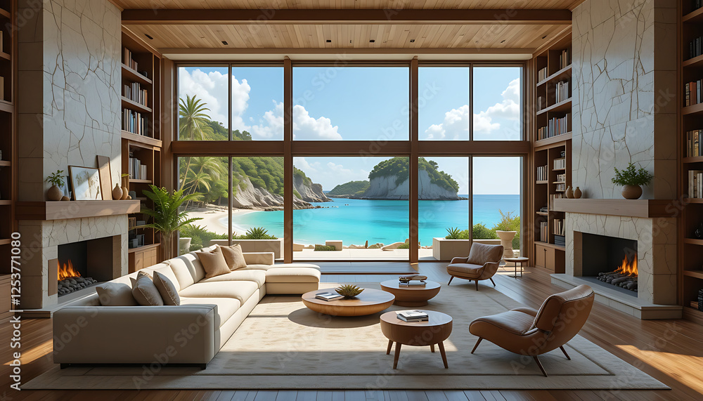 Fototapeta premium Luxury Beachfront Living Room with Panoramic Ocean Views