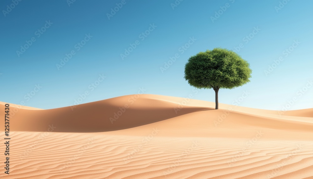 Lone green tree thriving in the middle of golden sand dunes under a clear sky powerful symbol of resilience and life in the harsh desert landscape Lone green tree thriving in the middle of golden sand dunes under a clear sky powerful symbol of resilience and life in the harsh desert landscape