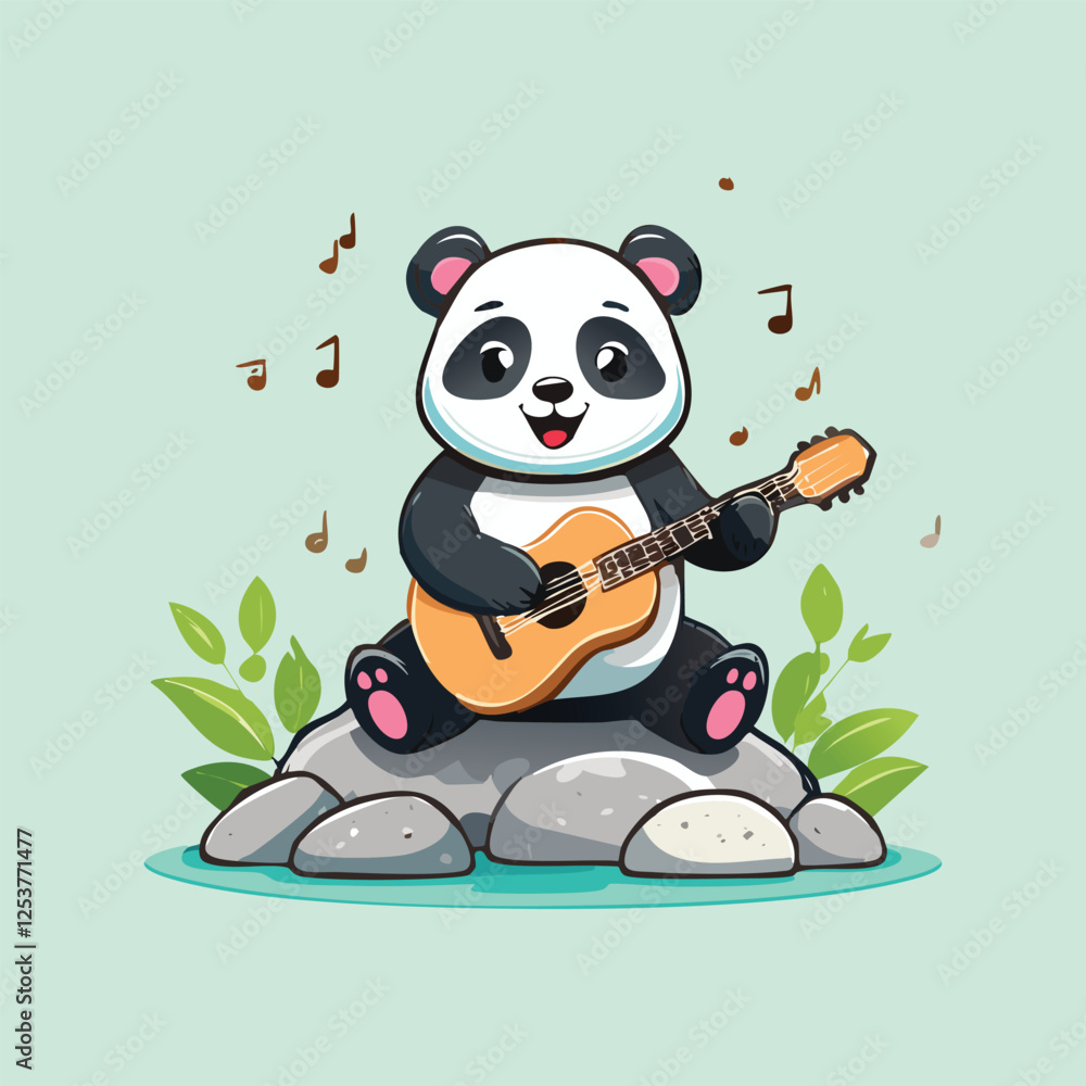 Fototapeta premium A cheerful panda playing an acoustic guitar while sitting on a rock, with musical notes floating around, warm and vibrant vector art