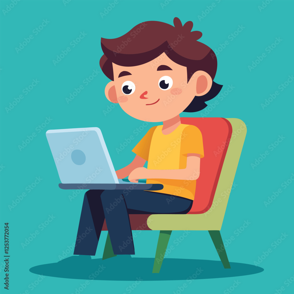 a boy is using his laptop vector a boy is using his laptop vector