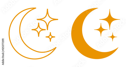 Crescent icon, moon and stars sign isolated