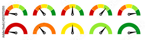 Scale speed valuation set icons, customer indicators of satisfaction, power level indicator, progress bar, colour speedometer, tachometer signs, satisfaction barometer, credit rating indicator