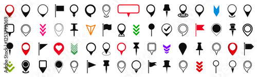 Pin map pointer set icons, location and navigation pins, destination markers, GPS location flat symbols collection