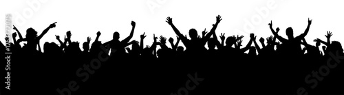 Crowd of people silhouette, happy young group party people together, cheering crowd on concert or sport event, cheerful fans