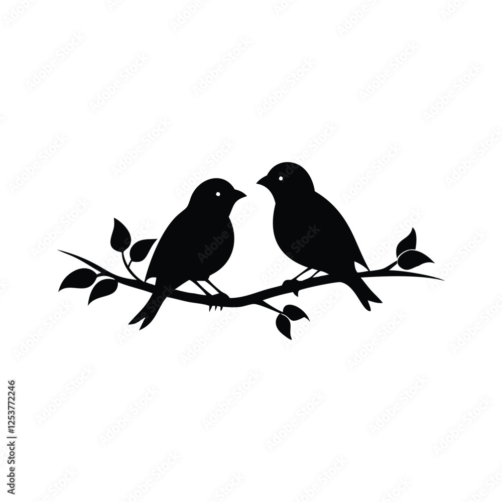 Fototapeta premium Black Silhouette two birds on a branch, valentine day vector.