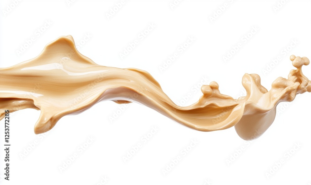 Beige liquid splash, flowing, white background, beverage advertising Beige liquid splash, flowing, white background, beverage advertising