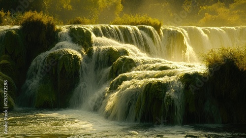 Wallpaper Mural Golden hour waterfalls cascading over mossy rocks Torontodigital.ca