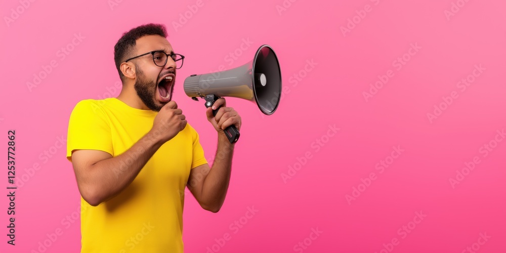 A man in a yellow shirt is holding a megaphone and yelling into it. Concept of excitement and enthusiasm, as if the man is trying to get someone's attention or make a statement A man in a yellow shirt is holding a megaphone and yelling into it. Concept of excitement and enthusiasm, as if the man is trying to get someone's attention or make a statement