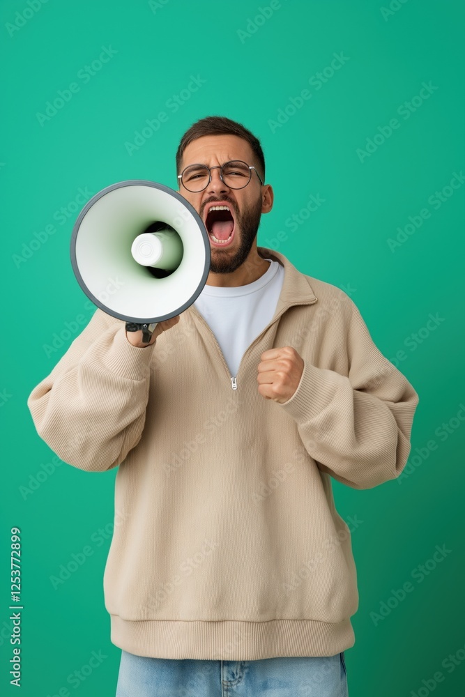 A man is holding a megaphone and yelling. He is wearing glasses and a white shirt A man is holding a megaphone and yelling. He is wearing glasses and a white shirt