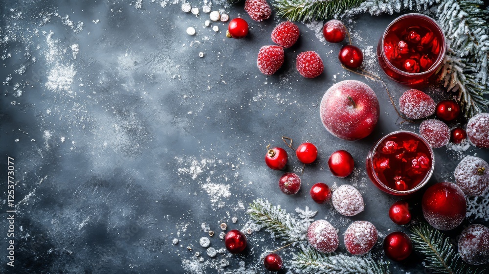 Festive arrangement of red fruits and winter decorations on a textured background. Festive arrangement of red fruits and winter decorations on a textured background.