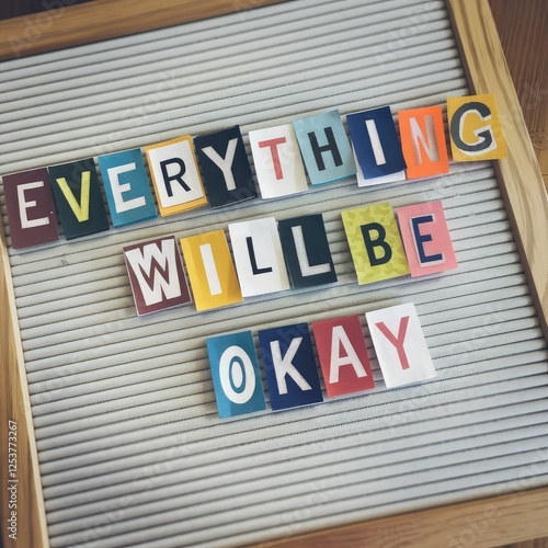 Every thing will be okay hand drawn lettering. Newspaper clipping.  message, collage style. Can be used in social media, web design. Poster, banner, greeting card. Vector illustration. Vintage style.