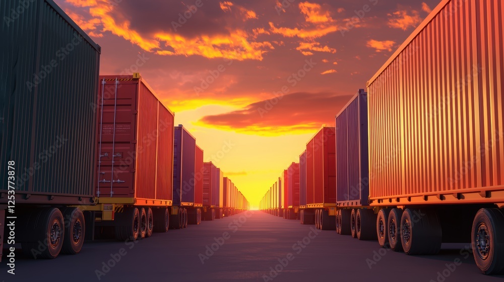 Row of colorful trucks parked on a wide asphalt surface under a glowing sky perfect for transportation fleet branding or logistics advertising Row of colorful trucks parked on a wide asphalt surface under a glowing sky perfect for transportation fleet branding or logistics advertising