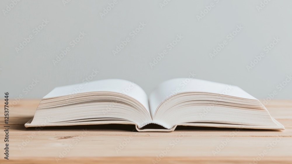 Open book on wooden table, neutral background, education concept Open book on wooden table, neutral background, education concept