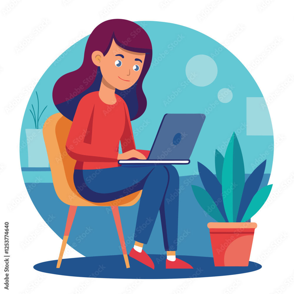 a girl is using his laptop vector a girl is using his laptop vector