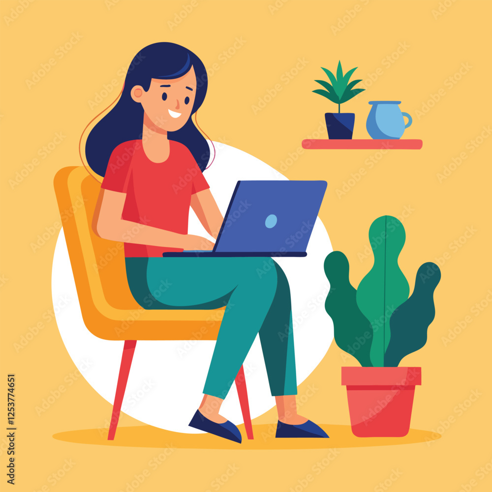 a girl is using his laptop vector a girl is using his laptop vector