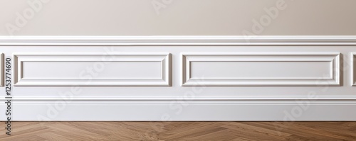 Symmetrical white door against a beige wall with detailed trim and wood floor classy and versatile backdrop for architectural or interior concepts