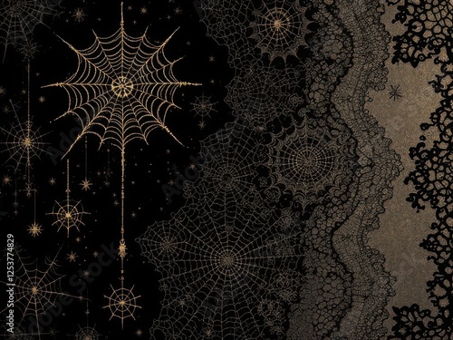 Elegant Golden Spider Webs and Lace Patterns on Black Background photo