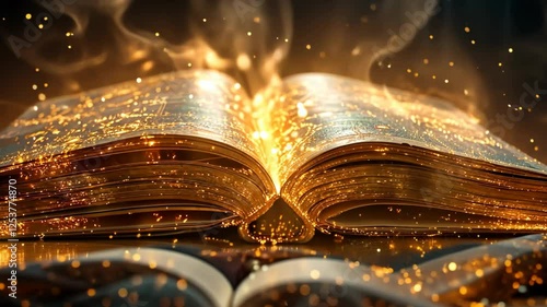 ancient bible book with light glowing and magic energy merge around