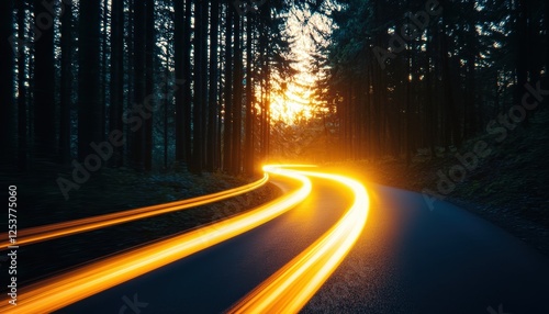 Vibrant car light trails weaving through a dark forest under a glowing sunset powerful metaphor for forward motion innovation and scenic journeys