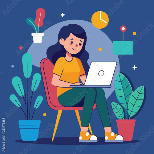 a girl is using his laptop vector