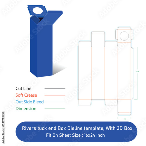 Rivers tuck end Box Dieline template, And 3D Box,Size 3x3x12 in, Vector File