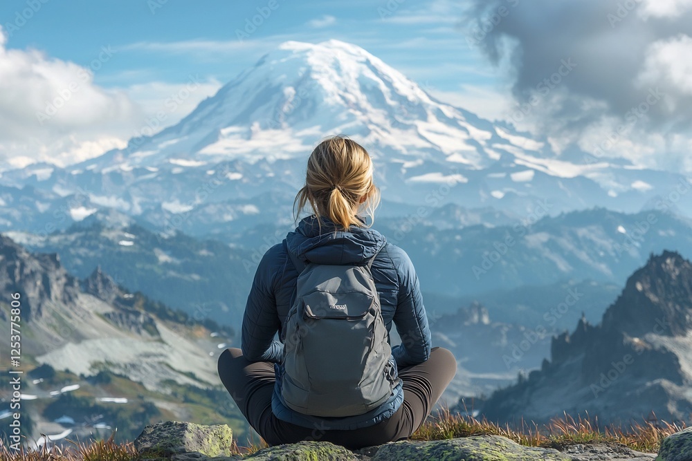 Naklejka premium Wanderlust Moment Amidst the Majestic Mount Rainier Landscape