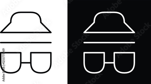 Creative minimalist design featuring hat and glasses in line art style displayed on contrasting black and white backgrounds, symbolizing simplicity and duality