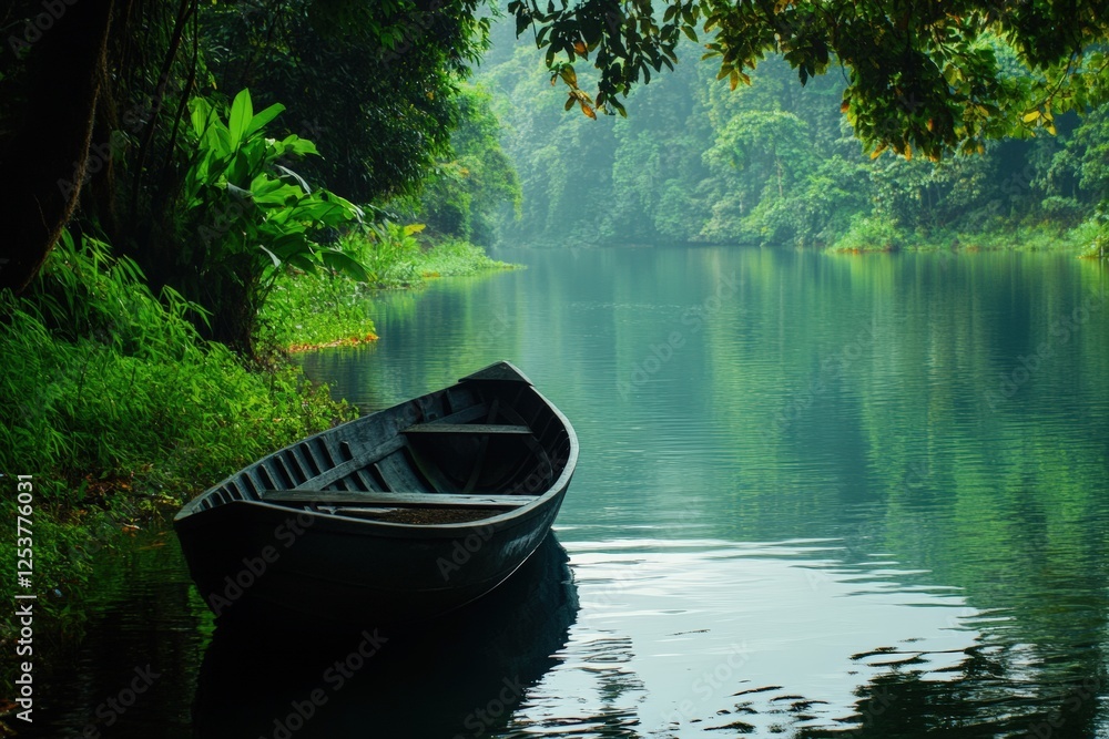 Experience tranquility while navigating serene waters embraced by lush greenery. Generative AI