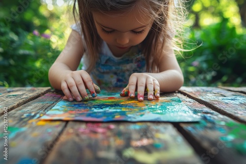 A toddler joyfully creates vibrant finger paintings outdoors, showcasing colorful creativity and messy fun. photo