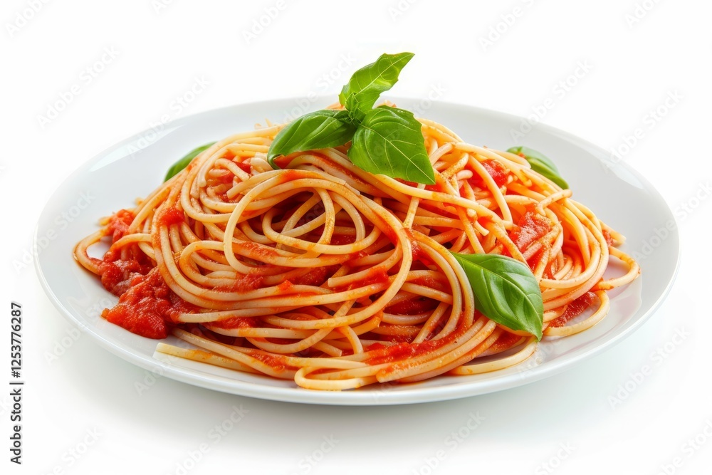 Delicious spaghetti with tomato sauce and basil on white plate. Neural network AI generated Delicious spaghetti with tomato sauce and basil on white plate. Neural network AI generated