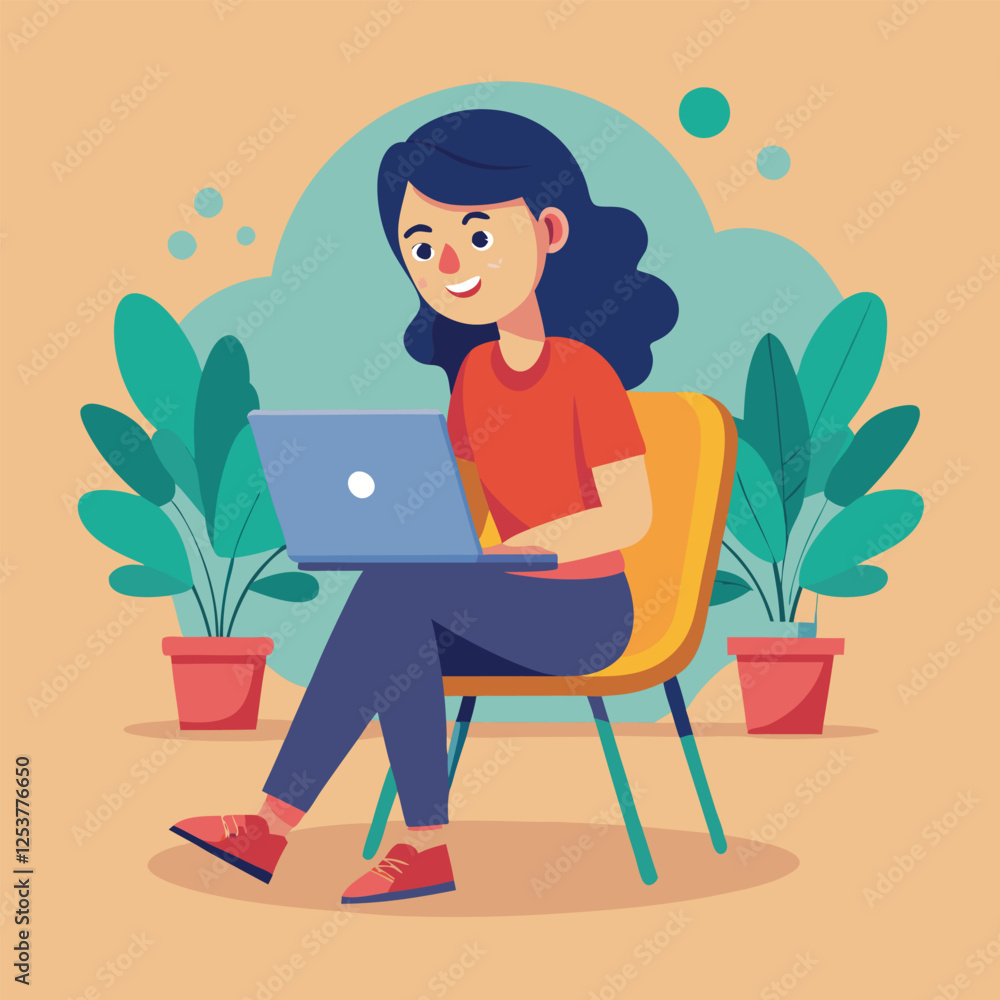 a girl is using his laptop vector a girl is using his laptop vector