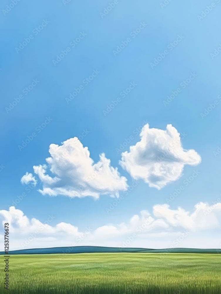 A minimalist landscape painting features a blue sky with puffy white clouds above a green and blue field A minimalist landscape painting features a blue sky with puffy white clouds above a green and blue field