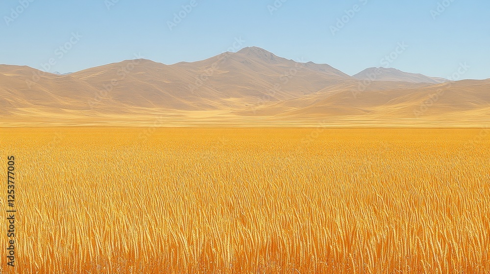 Expansive Golden Field Under Clear Blue Sky With Distant Mountains in the Background Expansive Golden Field Under Clear Blue Sky With Distant Mountains in the Background