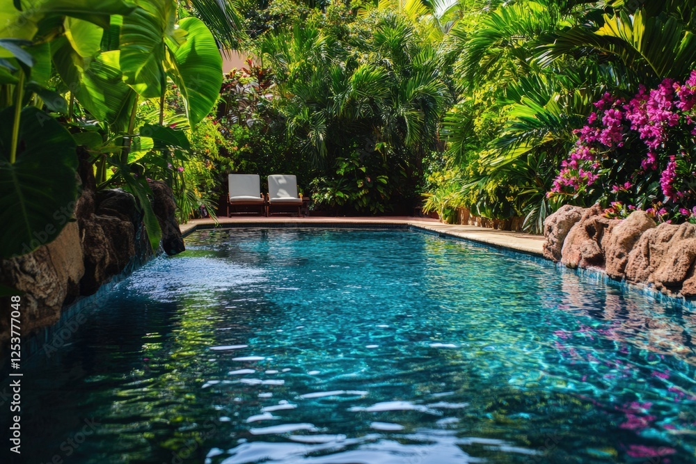 custom made wallpaper toronto digitalSecluded luxury pool oasis amidst lush greenery and vibrant tropical flowers. Generative AI