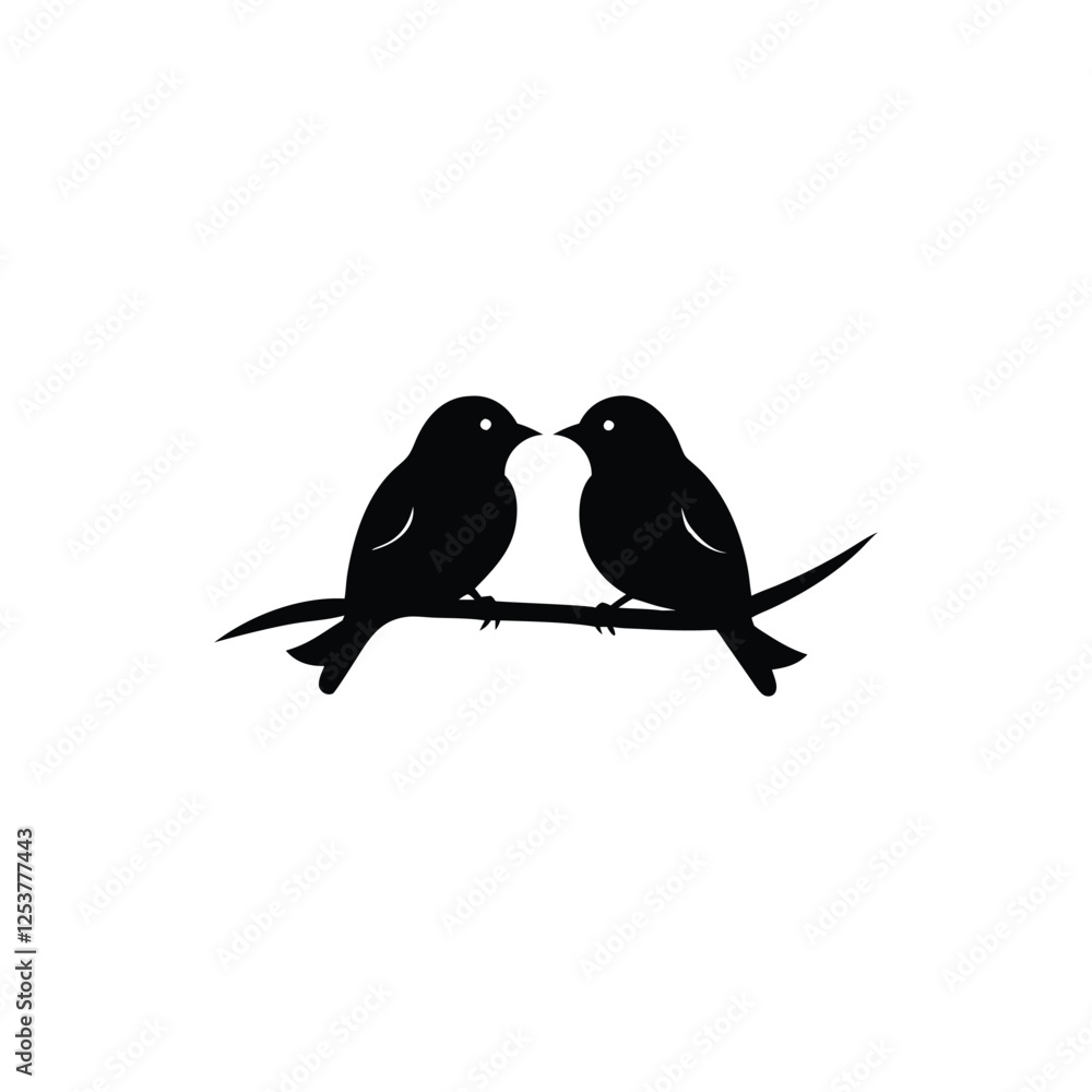 Obraz premium Black Silhouette two birds on a branch, valentine day vector.