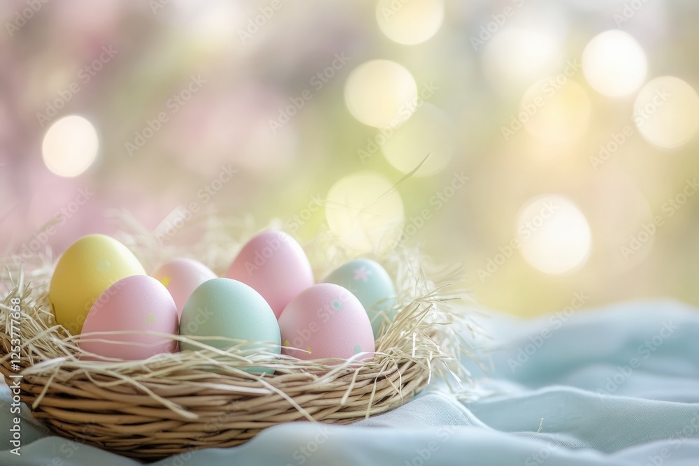 Beautiful pastel Easter eggs nestled in a woven basket surrounded by spring colors. Generative AI Beautiful pastel Easter eggs nestled in a woven basket surrounded by spring colors. Generative AI