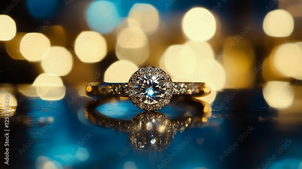 Diamond ring, bokeh background, reflection, jewelry Diamond ring, bokeh background, reflection, jewelry