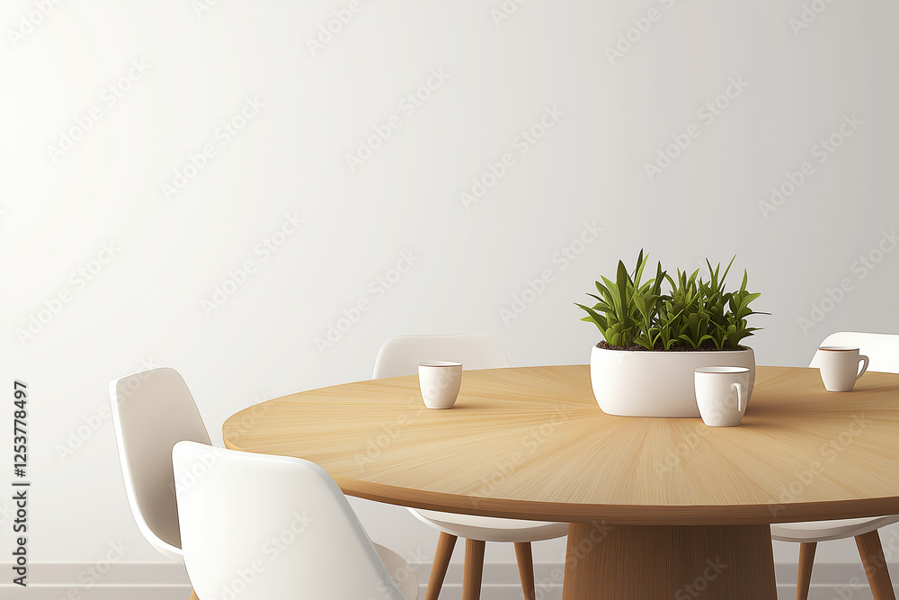 Modern dining table with plants and white chairs in a bright room setting Modern dining table with plants and white chairs in a bright room setting