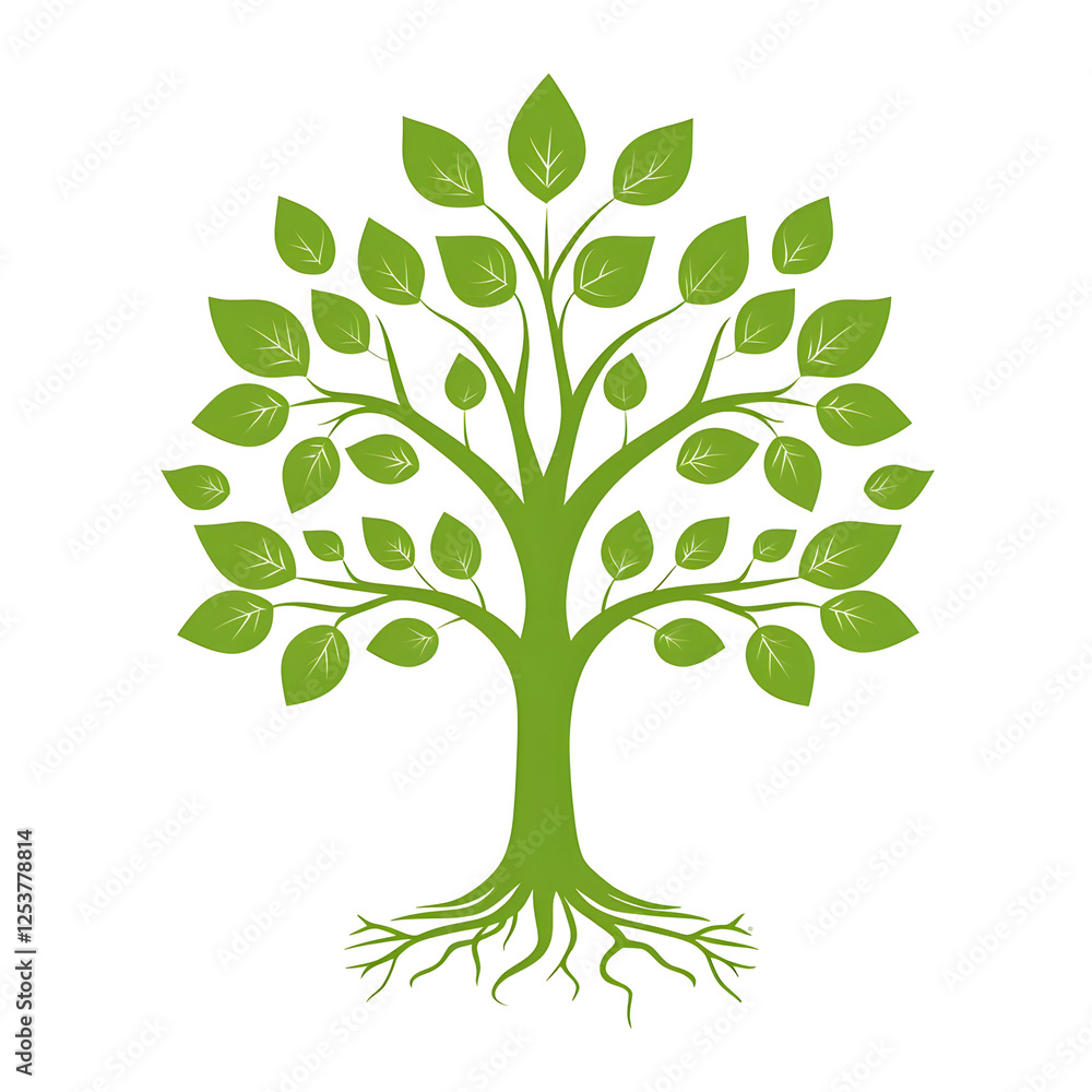 Obraz premium Lush Green Tree Design with Leaves and Roots, Nature Symbolism