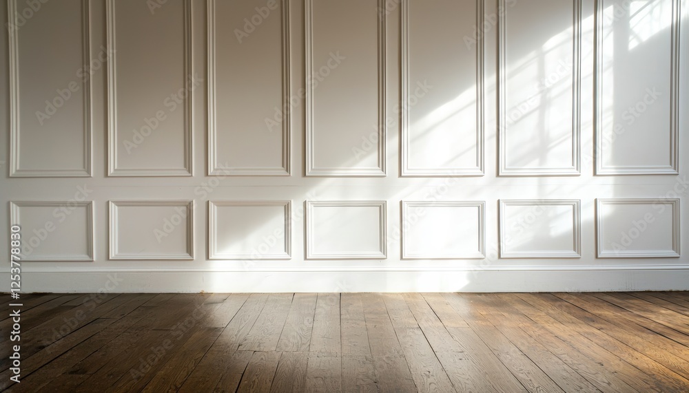 Fototapeta premium Minimalistic white paneled door in a beige room with polished wood flooring clean and elegant interior perfect for home decor and design inspirations