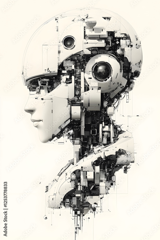 Obraz premium Futuristic Robot: Exploring Artificial Intelligence, Human-Like Design, and Cybernetic Innovation in Modern Digital Art and Aesthetics