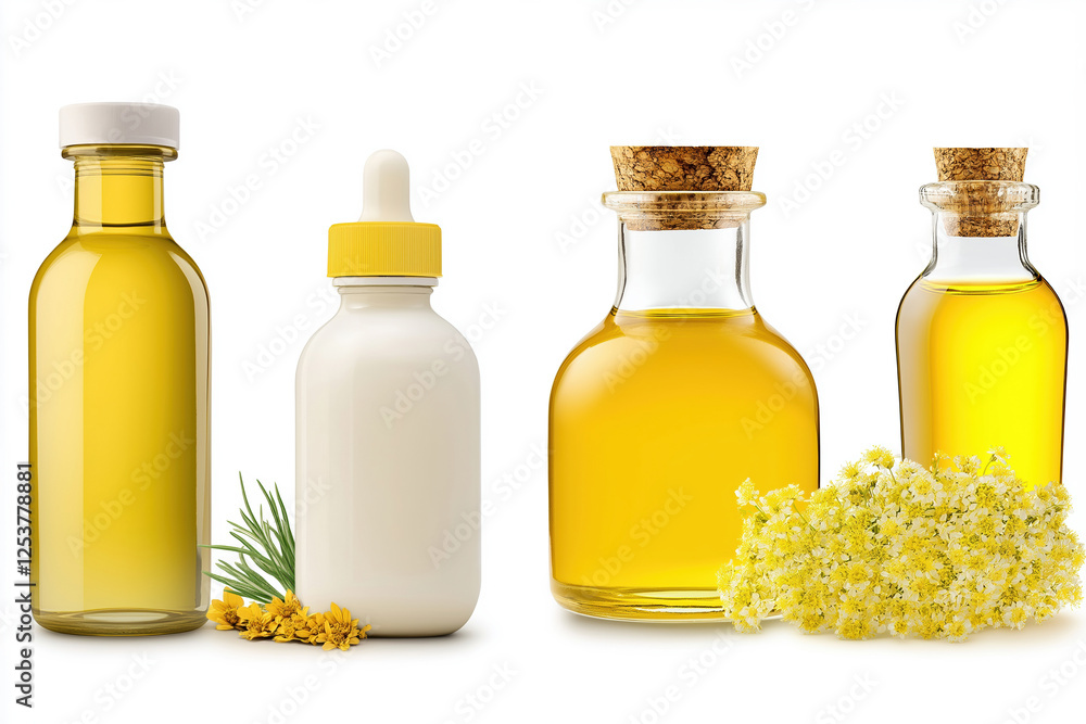 Bottles of various oils and natural ingredients arranged on a white background Bottles of various oils and natural ingredients arranged on a white background