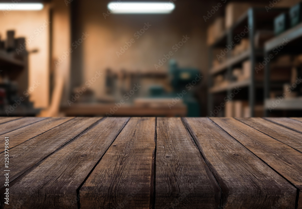 Beautiful natural wood tabletop and workshop or garage background with tools Beautiful natural wood tabletop and workshop or garage background with tools