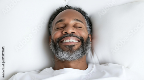 A mature man with a gray beard smiles contentedly while sleeping on a soft white pillow. His relaxed expression and the bright, clean bedding create a serene and peaceful atmosphere. photo