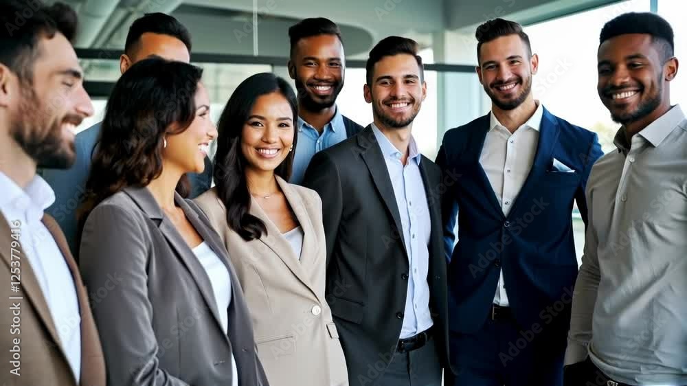 video of Group of smiling diverse business people posing together in modern office video of Group of smiling diverse business people posing together in modern office